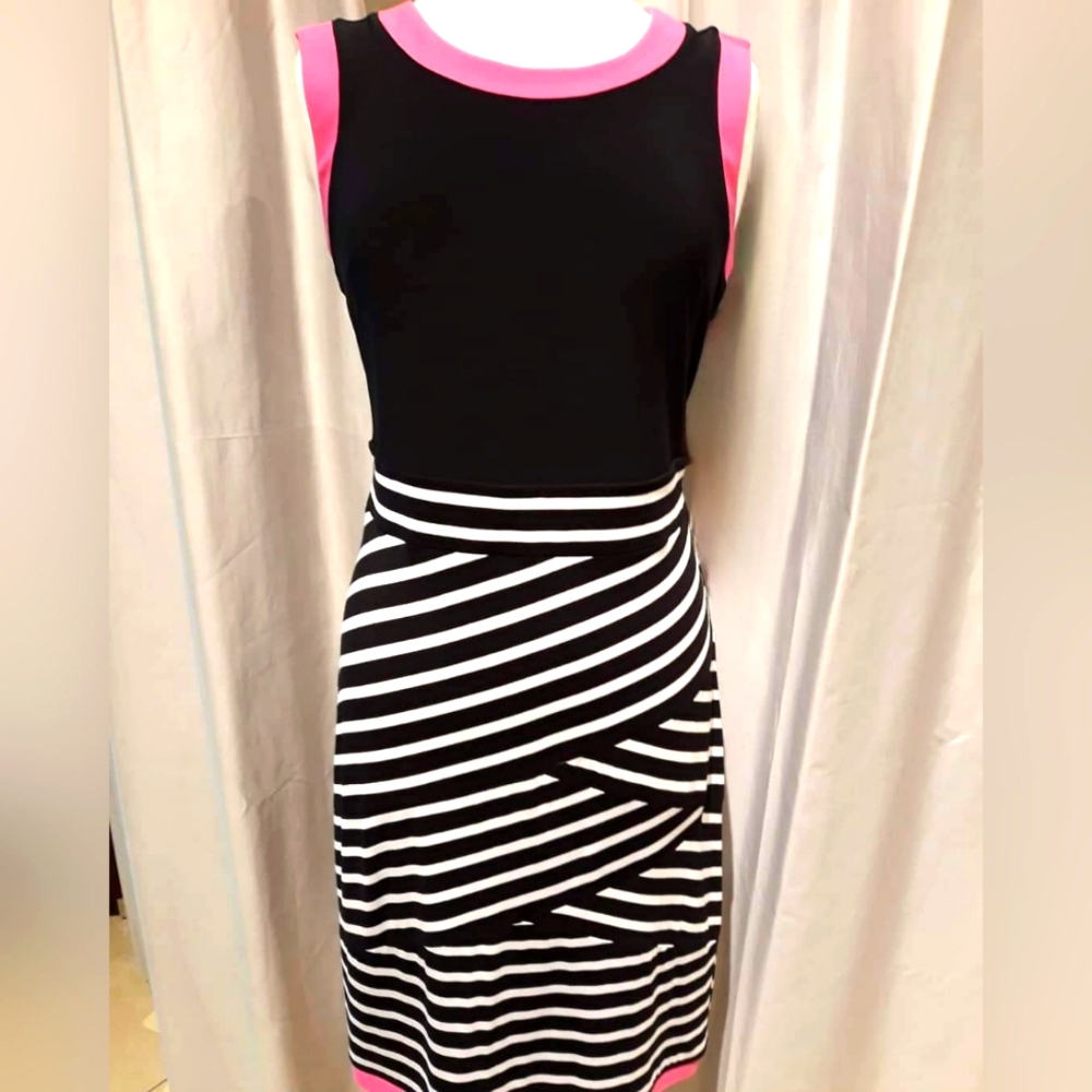 Joseph Ribkoff Black and White Midi Dress with Pink Trim